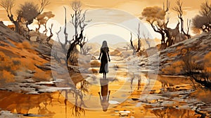 Nancy\'s Journey: A Digital Painting Of A Girl Exploring A Mythological Desert