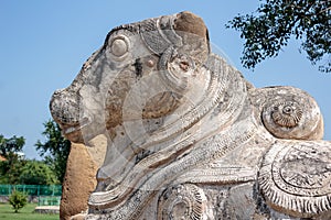 Nandi bull statue in ancient Hindu temple of the Pallavas, Kanchipuram India