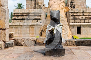 Nandi statue at the Brihadeeswarar temple in Gangaikonda Cholapuram, Tamil Nadu, South India on overcast day