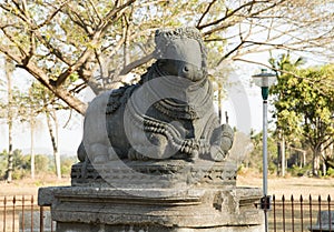 A Nandi statue in the garden of Hoysaleshwara Temple in Halebeedu in Karnataka state of India