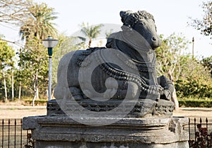 A Nandi statue in the garden of Hoysaleshwara Temple in Halebeedu in Karnataka state of India
