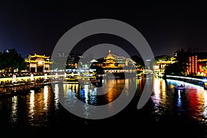 Nanjing, Jiangsu, China: Qin Huai river in the area around Confucius temple is beautifully lighted at night