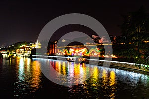 Nanjing, Jiangsu, China: Qin Huai river in the area around Confucius temple is beautifully lighted at night