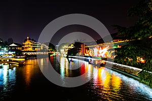 Nanjing, Jiangsu, China: Qin Huai river in the area around Confucius temple is beautifully lighted at night