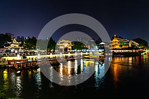 Nanjing, Jiangsu, China: Qin Huai river in the area around Confucius temple is beautifully lighted at night