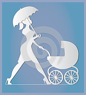 Nanny. Woman walking with a baby carriage. Paper art