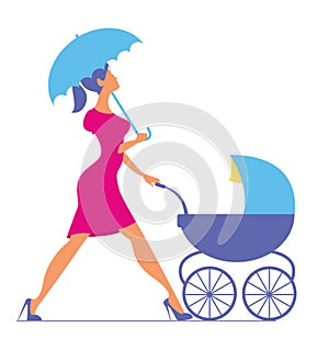 Nanny. Woman walking with a baby carriage. Vector silhouette