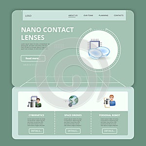 Nano contact lenses flat landing page website template. Cybernetics, space drones, personal robot. Web banner with