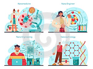 Nano engineering set. Scientists work in laboratory with nanoparticle
