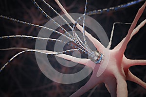 Nano technology concept. Micro robotic artificial axon on neuron in neural network. 3D rendered illustration. photo