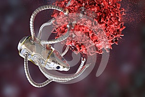 Nanobot attacking cancer cell, nanotechnology medical concept