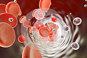 Nanoparticles in blood, 3D illustration