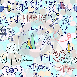 Nanoscience and physics seamless pattern with sketch elements.