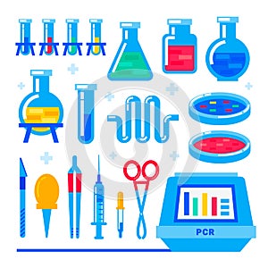 Nanotechnology and biochemistry. Polymerase chain reaction PCR machine and Laboratory equipment. Flask, vial, test-tube