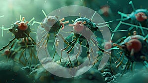 A nanotechnology lab visualized through microbial art where bacteriophages are reengineered with precision