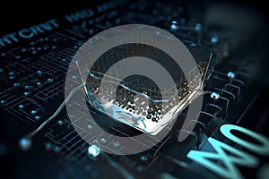 Nanotechnology microchip chip board processor. Futuristic computing technology of nano electronic device macro shot.