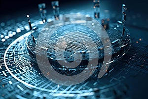 Nanotechnology microchip chip board processor. Futuristic computing technology of nano electronic device macro shot.