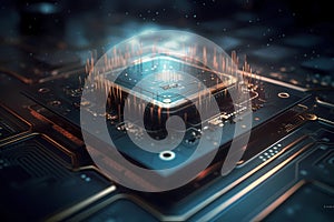 Nanotechnology microchip chip board processor. Futuristic computing technology of nano electronic device macro shot.