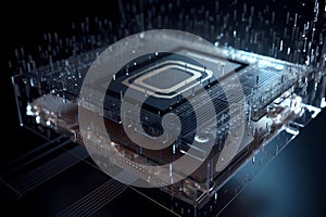 Nanotechnology microchip chip board processor. Futuristic computing technology of nano electronic device macro shot.