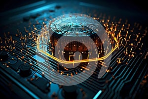 Nanotechnology microchip chip board processor. Futuristic computing technology of nano electronic device macro shot.