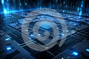 Nanotechnology microchip chip board processor. Futuristic computing technology of nano electronic device macro shot.