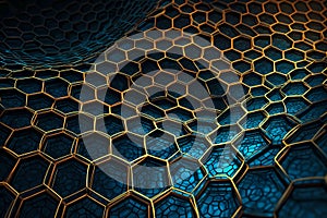 Nanotechnology structure of hexagonal nano material. Macro abstract futuristic network of neurons and neural networking.
