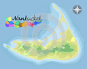 Nantucket Island road. Realistic satellite background map with designation of beaches.