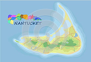 Nantucket. Vector map. Geographic map detailed with the designation of roads, parks, lakes.