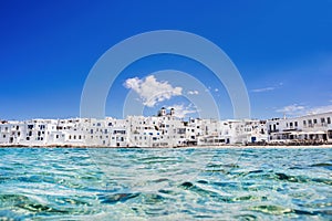 Naoussa, Greek fishing village in Paros island, Greece. Popular tourist travel destination in Europe