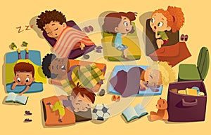 Nap time in the kindergarten. Group of multiracial girls and boys have a nip time at a colorfill nap mats. Preschool