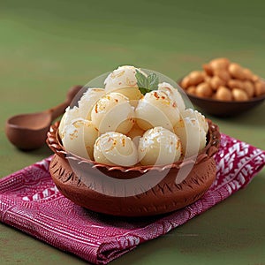 Napkin delight Rasgulla, a famous Bengali sweet in a clay bowl