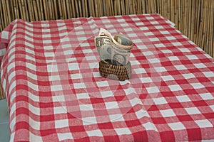 Napkin holders and money. Red and white placemats on the table.