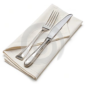 Napkin with silver fork and knife isolated