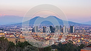 Naples, Italy with the financial district skyline under Mt. Vesuvius