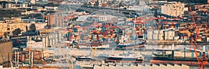 Naples, Italy. Top View Of Barge Freight Ship Tanker And Container Terminal In Port Of Naples