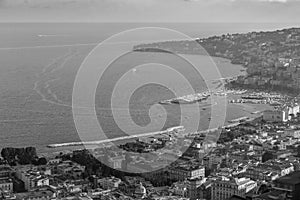 Naples and Mediterranean sea bay with boats top view black and white. Naples seashore. Travel concept.