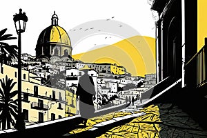 Naples Travel Illustration, Italian Tourism Concept, Skylines, Landmarks, Naples Silhouette Graphic Art