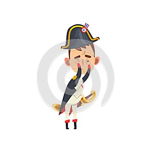 Napoleon Bonaparte cartoon character covering face with his hands, comic French historical figure vector Illustration on