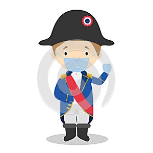 Napoleon Bonaparte cartoon character with surgical mask and latex gloves