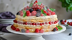 Napoleon Cake Decorated With Berries And mint