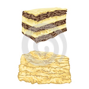 Napoleon cake and mille feuille pastry in watercolor style. Isolated elements.