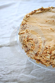 napoleon cake, round whole with caramel cream on a white background. copy space