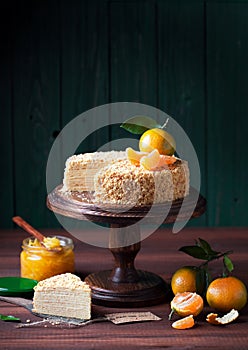 Napoleon cake with tangerine jam