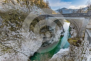Napoleon`s bridge over the turquoise Soca river