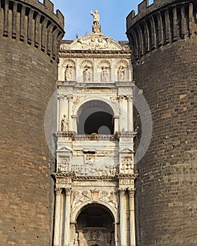 Napoli, Italy. Landscape at the Triumphal Arch of the castle Castel Nuovo, also called Maschio Angioino