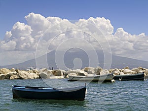 Napoli, little boat and Vesuvius
