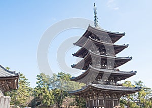 NARA, JAPAN-JANUARY 31, 2016:Old wood pagoda at Kofukuji temple