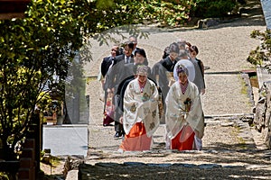 Japanese wedding ceremony in Shinto shrine in Nara, Japan