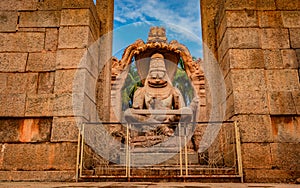 Narasimha lakshmi temple hampi antique stone art close up shot from unique angle