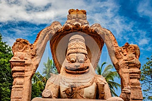 Narasimha lakshmi temple hampi antique stone art close up shot from unique angle with amazing sky
